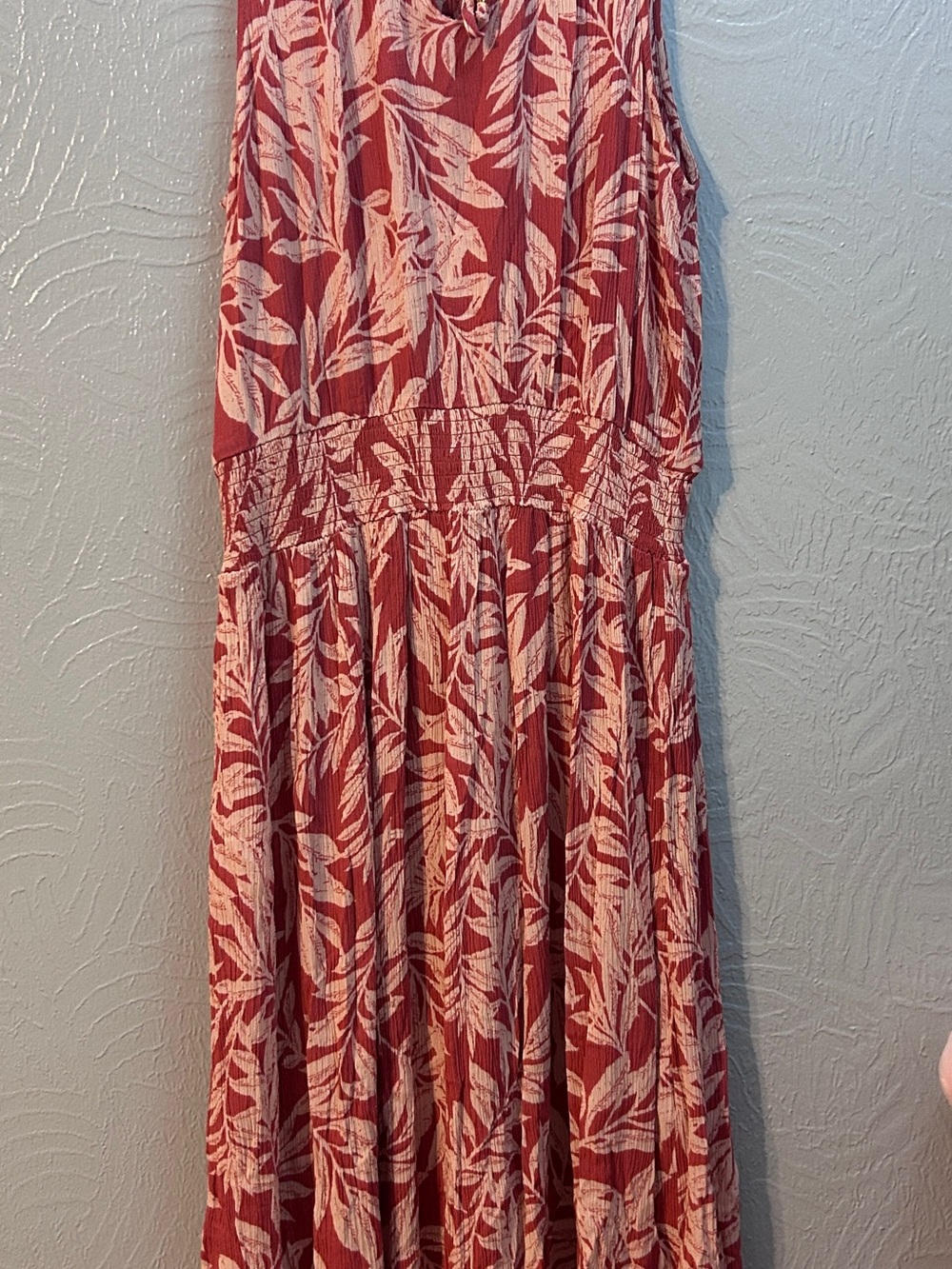 Pink Leaf-Print Maxi Dress with Elastic Waist